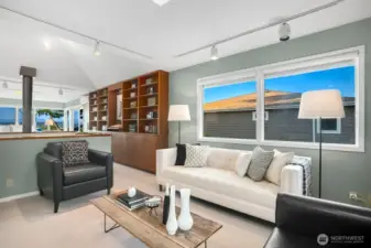 Wood built-in bookshelves