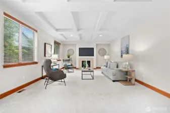 Spacious Family Room with beautiful coffered ceiling. Gas fireplace to gather 'round!