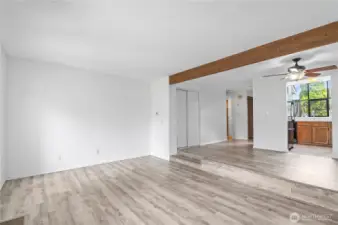 A small step in between the dining room and living room sets off your two spaces.