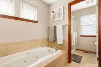 Large jetted tub awaits, with private shower and toilet behind.