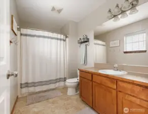 Hall bathroom upstairs with shower and tub.