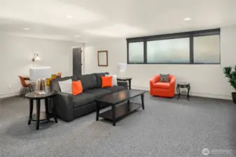 Lower level rec room is large and does not feel like a basement!  There is a full bathroom (at the back of the photo), so you can easily use this room as a bedroom for guests or kids slumber parties!