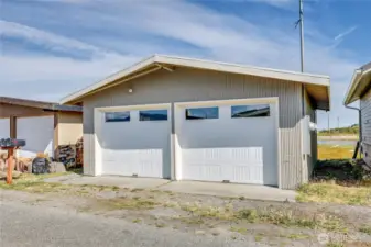 Oversized 2-car garage with workshop and multiple windows -- with a view of the strait!