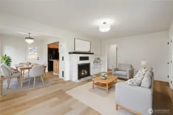 Virtually staged living and dining area