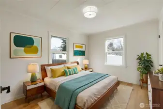 Virtually stage primary bedroom light and bright