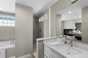 Primary with tiled, walk-in shower