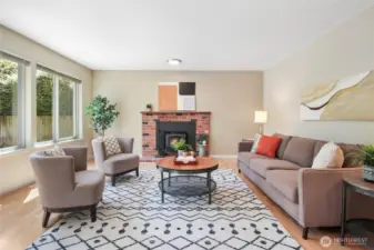The spacious family room adjoins the kitchen and nook areas.