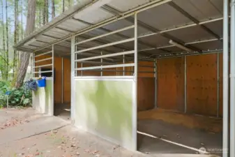 Well made shelter with metal roofing, lighting, two stalls and a tack room with outlets.  Just add some fencing and you are ready for horses, goats, llama's and more !
