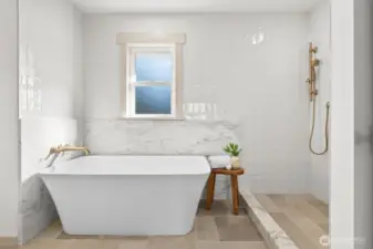 Primary ensuite bathroom with free standing tub, tumbled travertine floor tile and marble countertops, wainscoting, shower threshold and niche.