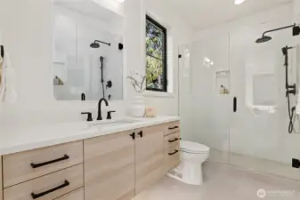 Primary Suite Bath with Floating Cabinet, Sensor Lighting and Luxury Seamless Glass Shower with Hand Held and Built-In Shelf