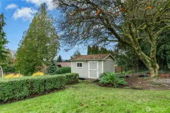 Shed next to mature magnolia tree and mountain views.