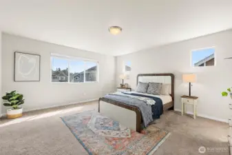 Large primary bedroom. Lots of natural light and space.