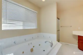 Private primary 5-piece bath offers jetted tub and separate walk-in shower.