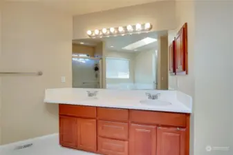 Double vanity in primary bathroom.