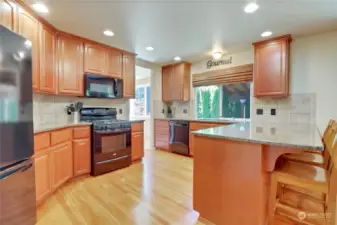 Spacious chef's kitchen with ample cabinet storage and pantry.