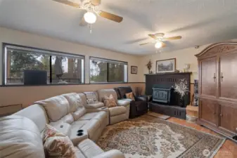 Large downstairs bonus room with fireplace and under-stairs access. in the heat of the summer, this room stays cool!