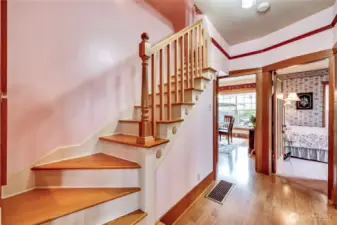 Upstairs are 2 bedrooms and a bathroom.