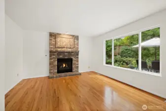 Spacious family room with beautiful gas fireplace.