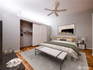 Primary Bedroom with double closets (virtually staged)