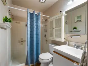 The bathroom has storage under the sink and extra behind the mirror and above the toilet.
