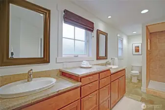 Tiled walk-in-shower w/ double shower heads.