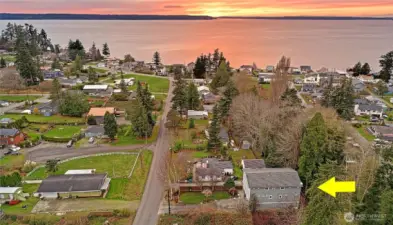 Aerial shot ~looking out at Saratoga Passage, Whidbey Island & the Olympic Mountains to the left.