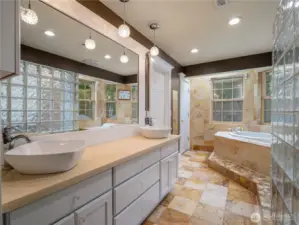 dual sinks and large walk in closet with custom organizing
