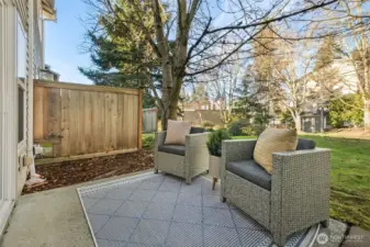 Private back patio with fencing on each side. Just perfect for summer BBQ's, morning coffee and evening relaxation. The Tall Firs community is known for its friendly atmosphere—neighbors often know one another and have created a true sense of community, while still offering the option for privacy if that’s your preference.