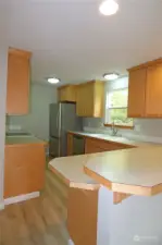 Kitchen with stainless frig and dishwasher. Window overlooks side yard.