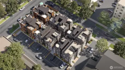 Artistic rendering of the project from above showing parking stalls