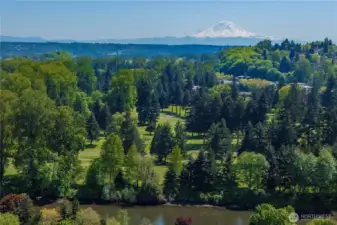 The Duwamish River and Foster Golf Course with Beautiful Mt. Rainier in the background.