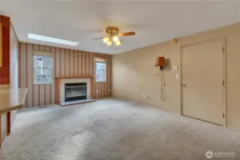 Wood burning fireplace, family room off kitchen