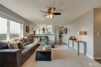 living room view across dining to kitchen