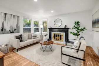 Fireplace in the family room with great natural light.