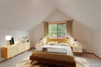 Primary suite has a bedroom area and a sitting area or changing area with closets and dressers.
