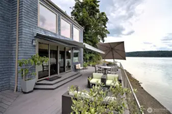 The motorized awning helps keep things dry.