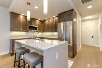 Island kitchen with high end appliances and tons of storage and pantry to the right