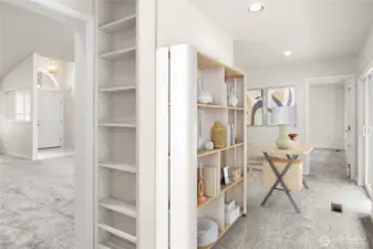 Each side of the bonus space has built in bookshelves. virtually staged