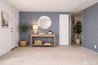 The entryway leads directly into a welcoming living room and includes a convenient coat closet for added storage and organization. VIRTUALLY STAGED