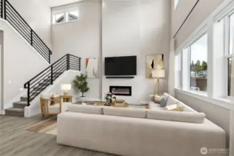 Living room overlooks fully landscaped and fenced backyard and the meadow, beyond. Virtual staging.