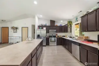 Huge kitchen with stainless steel appliances, a massive island and tons of storage.