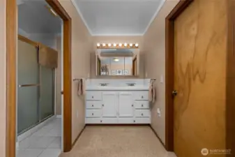 Main level primary bedroom ensuite... Walk-in closet to the right...