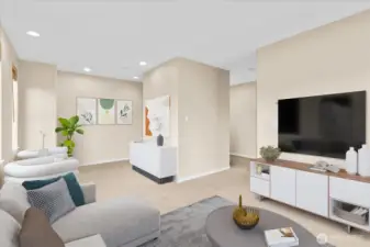 Virtually staged living room/ flex space.
