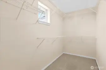 Primary walk-in closet with carpeted flooring, wire shelving, and a small window.