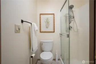 The stand alone shower and loo are located privately off of the main bath area.