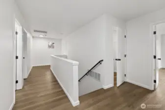 Welcome to the upper level! To the right, you'll find the door to the primary bedroom, with a spacious storage closet conveniently located next to the stairs.