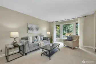 With views to the front yard, the living room features a bay window that allows for natural light and a serene connection to the outdoors. High-quality windows help enhance energy efficiency and year-round comfort.