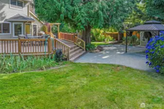 The backyard extends beyond the spacious deck to include a paved patio and grassy lawn, surrounded by mature evergreens for year-round privacy and serenity.