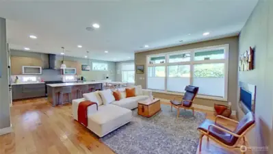 Great room with island kitchen and dining area
