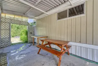 Covered patio accessing level backyard